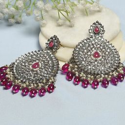 Biba Gold-Plated Artificial Stones Studded and Beaded Contemporary Shaped Drop Earrings-1
