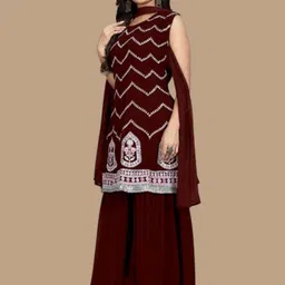 PARROT CREATION Floral Embroidered Georgette Kurti With Sharara And Dupatta-image-32