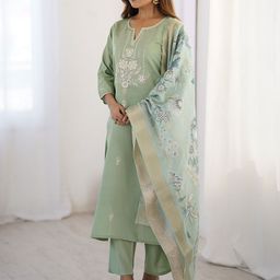 KALINI Ethnic Motifs Embroidered Regular Thread Work Kurta with Trousers & With Dupatta image 3