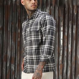 High Star Men Classic Spread Collar Tartan Checked Cotton Relaxed Fit Casual Shirt-picture-3
