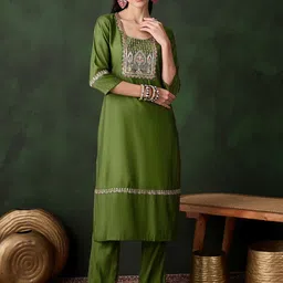 Sangria Floral Yoke Design Round Neck Sequinned Pure Silk Straight Kurta With Trousers-12