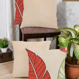 IVAZA Beige & Red Set of 4 Floral Square Cushion Covers-16