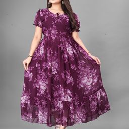 QENA Floral Print Puff Sleeve Georgette Maxi Dress-image-48