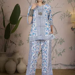 Zenava by Myntra Printed Pure Cotton Top With Trousers Co-Ords-image-11