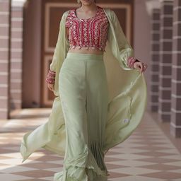 GloballyRonakRBafna Embroidered V-Neck Top & Ruffled Jacket With Palazzos Co-Ords-image-69
