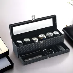 RUBOXA 6 Slot Black Wrist Watch Organiser Glass Top Closet Box-picture-49
