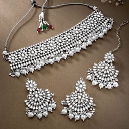 Peora Silver-Plated Crystal-Studded & Beaded Jewellery Set With Maangtikka-image-74