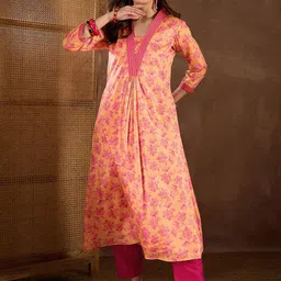 Inddus Women Floral Printed Pleated Thread Work Kurta with Trousers-10