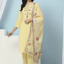 Nayam By Lakshita Women Floral Yoke Design Regular Thread Work Pure Cotton Kurta with Trousers & With Dupatta-picture-14
