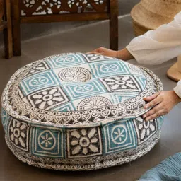 Ritualistic Teal & Black Hand Block Printed Cotton Round Floor Cushion-17