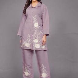 AUTUMN LANE Divya Periwinkle Embroidered Pure Cotton Shirt Collar Tunic & Palazzo-image-61