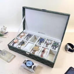 La Trove Green Printed Leather 12 Slots Watch Display Box Case Organiser With Closed Top-0