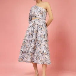 Oomph! Women Abstract Print One-Shoulder Crepe Fit - Flare Midi Dress-image-9