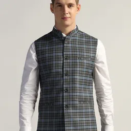TAHVO Checked Woven Design Mandarin Collar Casual Nehru Jacket-picture-43