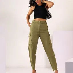 MABISH by Sonal Jain Women Khaki Green Tapered Cargo Stretchable Cotton Lycra Trouser-image-25