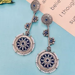 Sangria Silver Plated Stone Studded & Beaded Drop Earrings-image-63