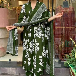 KERI PERRY Floral Printed Mirror Worked Cotton Kurta with Trousers & With Dupatta-picture-31