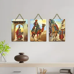 ArtVibes Beige 3 Pieces Rajasthan Diaries Heritage in Hues Wooden Hanging Wall Arts-image-33