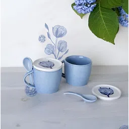 FREEDOM TREE Elae Set of 2 Blue & White Hand Painted Printed Ceramic Matte Mugs Sets-3