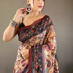 MORDEN MUSE Kalamkari Printed Pure Cotton Saree With Unstitched Blouse Piece-picture-4
