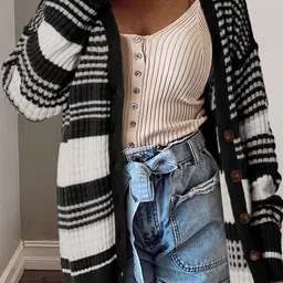 StyleCast Women Striped Longline Front-Open Sweater-12