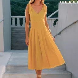 all about you Women Solid Gathered Or Pleated Fit And Flare Midi Dress-image-59