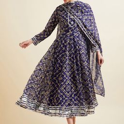 PANIT Women Georgette Bandhani Printed Fit & Flare Maxi Ethnic Dress With Dupatta-image-54