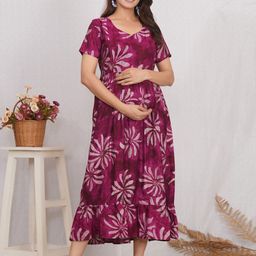 MomsBae Women Floral Print Maternity Fit & Flare Midi Dress-image-67