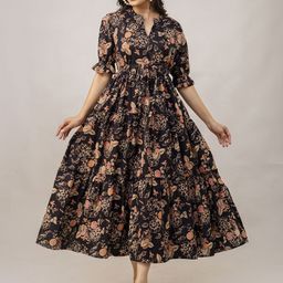Aawari Floral Printed Cotton Tie-Ups Detail Tiered Fit & Flare Midi Dress-image-49