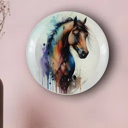 Maison Modern Brown & Blue Stallion Horse Printed Iron Round Wall Plate-39