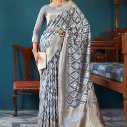 DIVASTRI Woven Design Zari Pure Linen Banarasi Saree-image-91