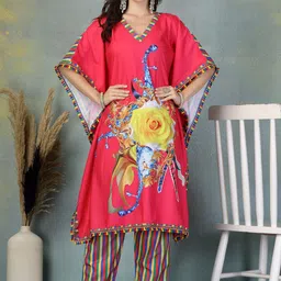 Clora Creation Floral Printed V-Neck Kaftan Kurta with Trousers-18