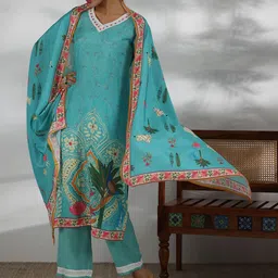 Libas Floral Printed V-Neck Regular Mirror Work Straight Kurta With Trousers With Dupatta-picture-11