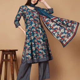 Poshak Hub Floral Printed A-Line Kurta with Palazzos & With Dupatta image 1