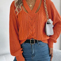 StyleCast x Revolte Women Self Design V-Neck Cable Knit Pullover-42