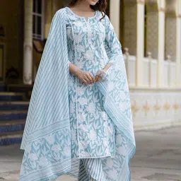 EthniFlair Women Floral Embroidered Regular Aari Work Pure Cotton Kurta with Pyjamas & With Dupatta-29