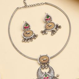 KARATCART Silver Plated Stones Studded & Beaded Hasli Jewellery Set-58