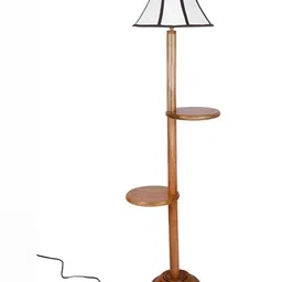 Devansh Brown & White Textured Cotton Conical Wooden Floor Lamp-image-99