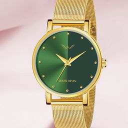 LOUIS DEVIN Women Brass Dial & Bracelet Style Straps Analogue Watch LD-GLD144-GRNGLD-image-39