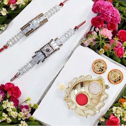 MEIRA JEWELLERY Set Of 2 Stone-Studded Rakhi With Greeting Card Gift Set-image-94