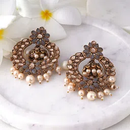 Anouk Gold-Plated Artificial Stones Studded & Pearls Beaded Floral Shaped Drop Earrings-14