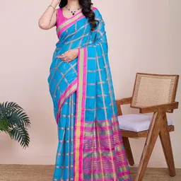 Blue Soft Cotton Saree With Zari Lace Border And Contrast Blouse-picture-27