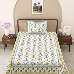 Myntra Elegant Homes White & Blue Floral Cotton 210 TC Single Bedsheet Set 1.52 m x 2.28 m-picture-11