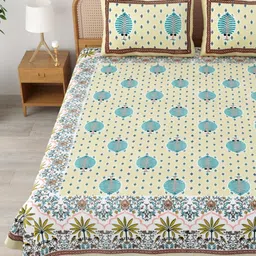 MAFATLAL Sanskriti Yellow & Blue Printed Cotton 144 TC King Bedsheet Set 2.34 m x 2.70 m-image-78