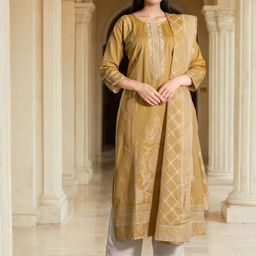 Skylee Pop Floral Woven Design Straight Kurta With Trousers & Dupatta-image-74