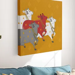 Myntra Elegant Homes Mustard & White Pichwai Cow Canvas Wall Art-image-7