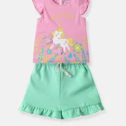 Nauti Nati Girls Graphic Printed Pure Cotton Ruffle Sleeve Top with Shorts-image-20