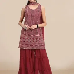 PARROT CREATION Women Embroidered Regular Sequinned Kurta with Sharara & Dupatta-picture-2