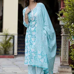 GEKHA Floral Printed Notch Neck Pure Cotton Kurta With Trousers And Dupatta-27