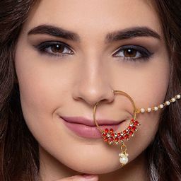 Anouk Gold-Plated Cubic Zirconia Stone-Studded & Beaded Chained Nosepin image 4